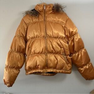 Vtg Pelle Pelle Gold Metallic Puffer Jacket Shiny Hooded Bubble Coat Fur Trim XL